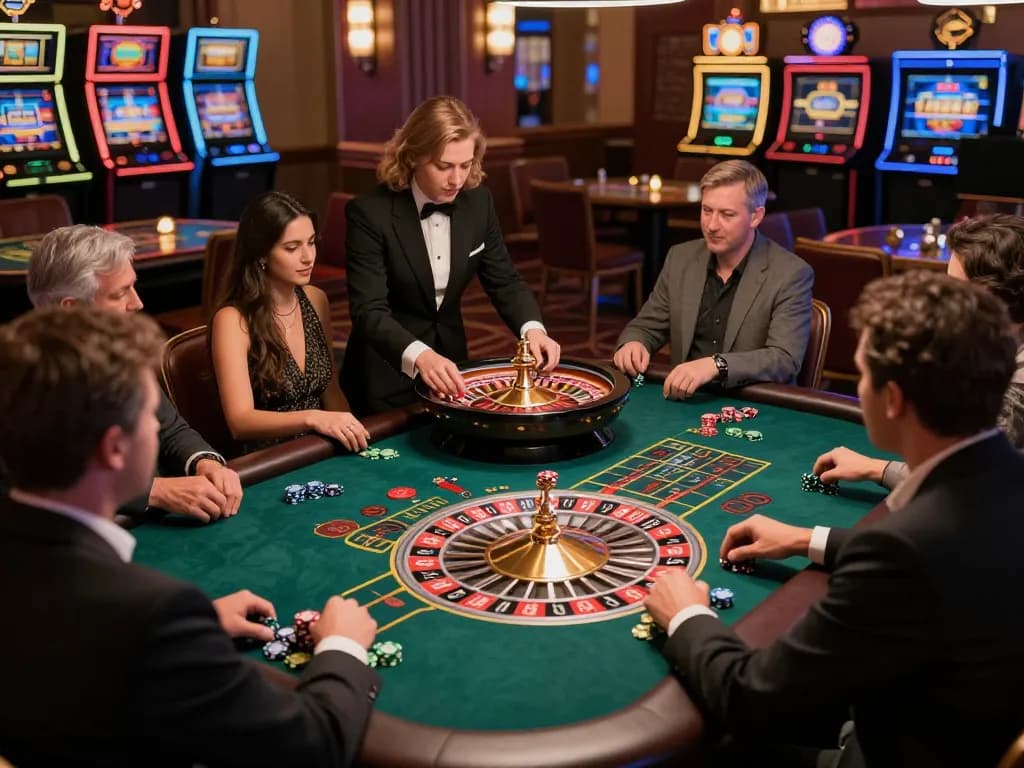 Players enjoying a thrilling roulette game at MM88 casino as dealer spins the wheel.