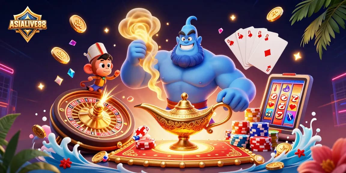 Experience thrilling action with ASIALIVE88's vibrant casino scene, featuring a magical genie and poker elements.