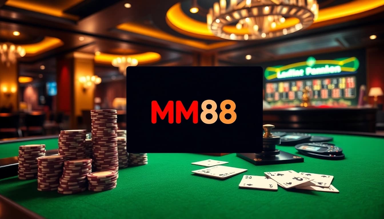 MM88 online gambling interface showcasing vibrant casino elements and poker chips.