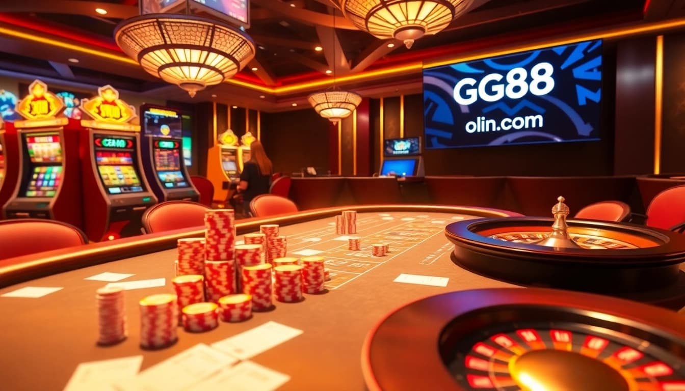 Experience the thrill of gambling at gg88 com with a vibrant casino scene featuring tables, chips, and players.