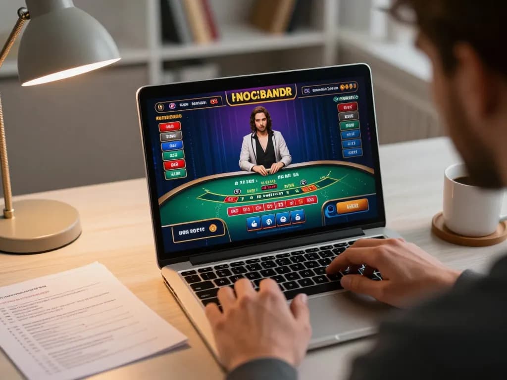 Player engaging in a live blackjack session with 888New, analyzing strategies in a cozy home office.