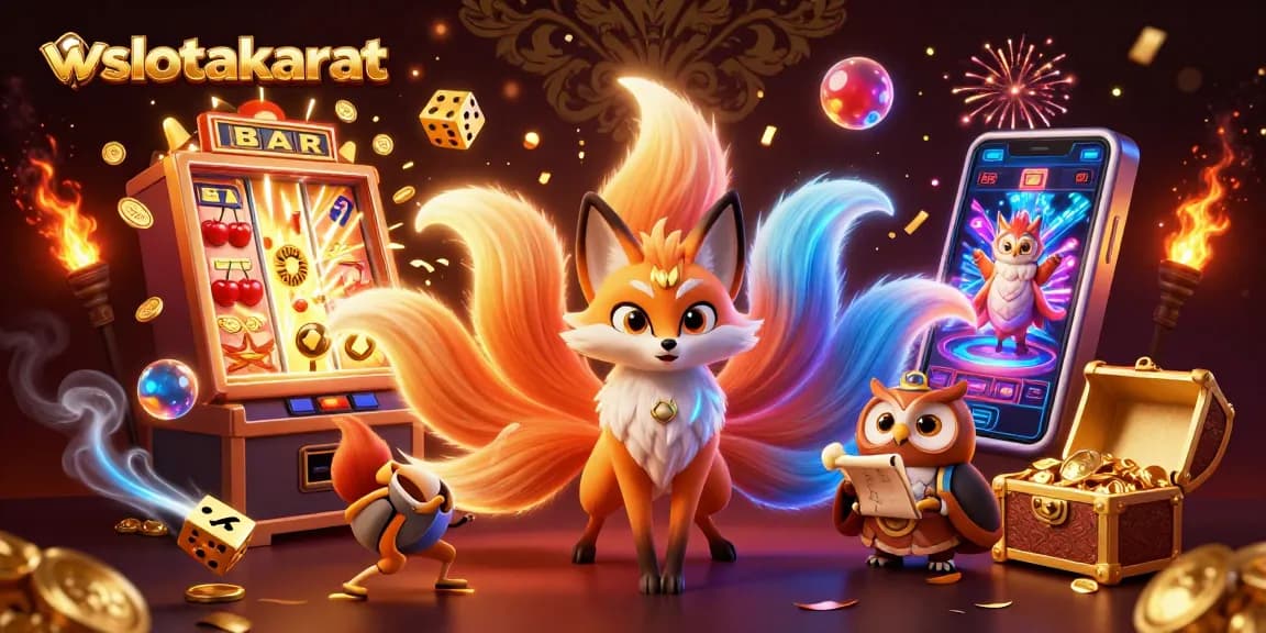 Mendapatkan prediksi akurat di wslotakurat dengan ilustrasi kasino 3D penuh warna, slot mesin jackpot, dan karakter mistis.