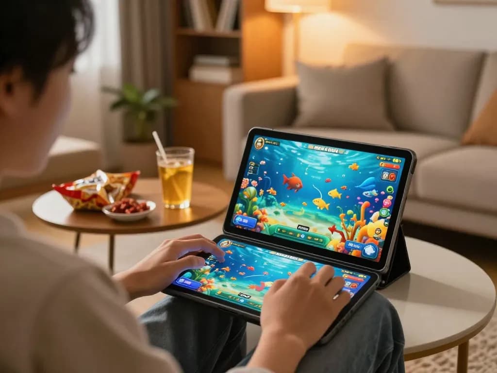 SUNWIN player enjoying the exciting underwater experience of Bắn Cá game on a tablet in a cozy home.
