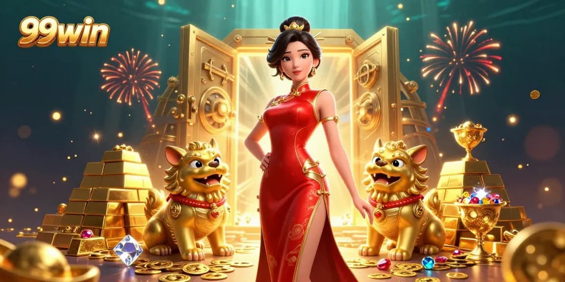 Engage in thrilling casino action with 99win's extravagant 3D illustration showcasing an Asian woman amidst gold treasure and fireworks.