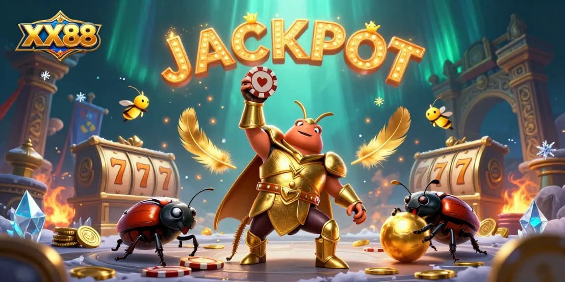 Experience the thrill at XX88 with 3D characters celebrating a jackpot win amidst lively casino elements.