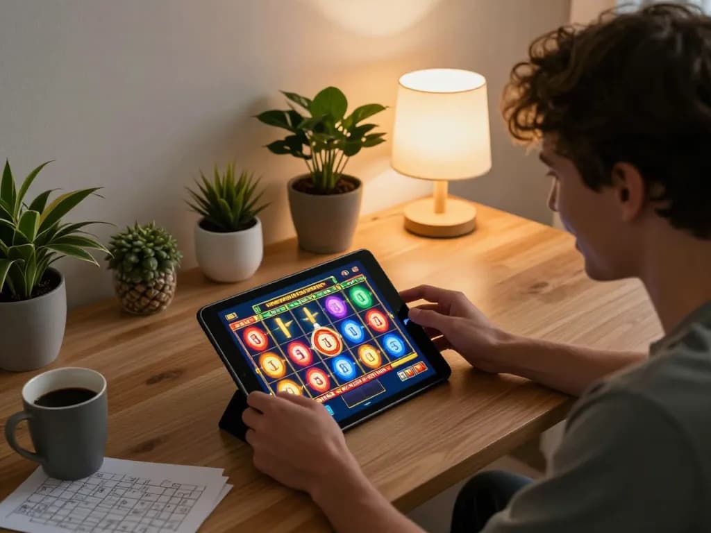 Player enjoying thrilling tr88 slots on a tablet with snowy wins and strategic notes visible