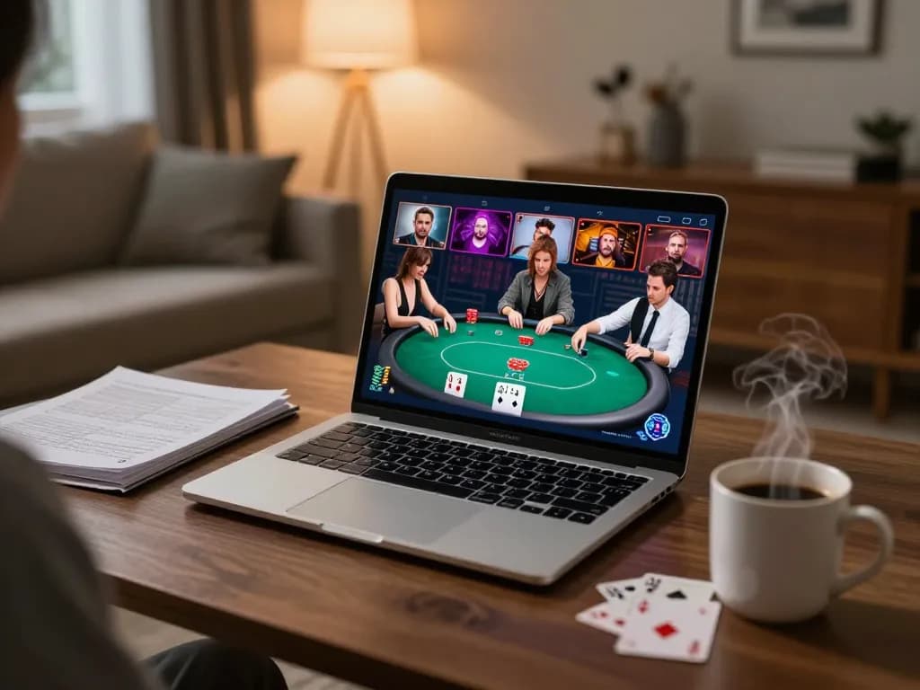 Engaging online poker scene with debet strategy insights in a cozy living room