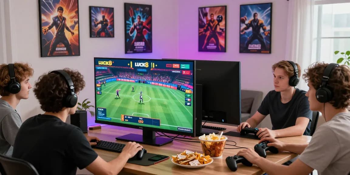 Friends enjoying a thrilling LUCK8 gaming experience in a lively living room.