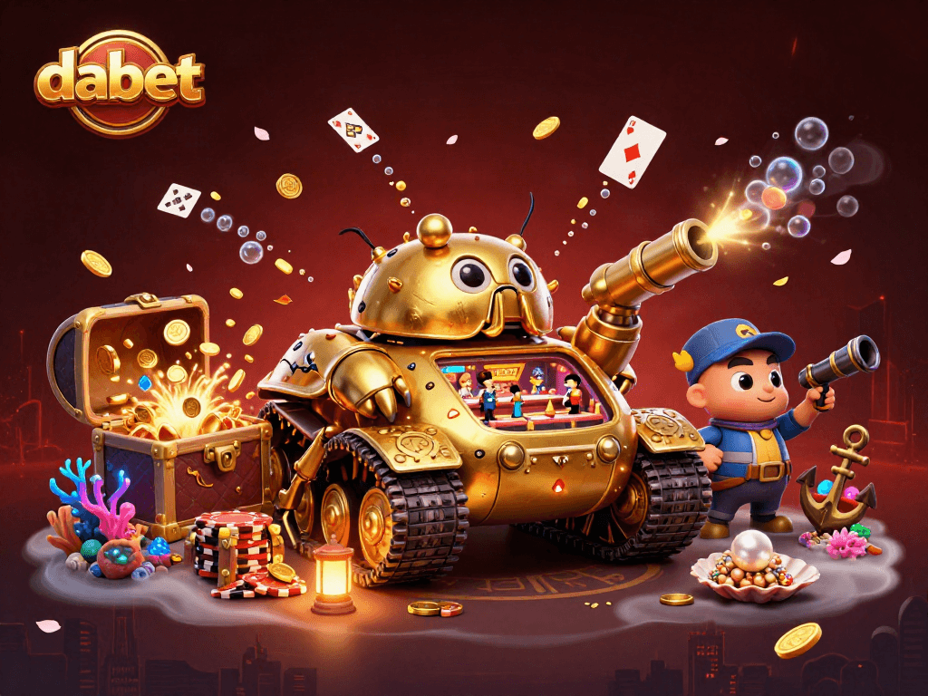 Chơi dabet với hình ảnh một chiếc xe tăng vàng khổng lồ mang casino thu nhỏ và kho báu dưới nước