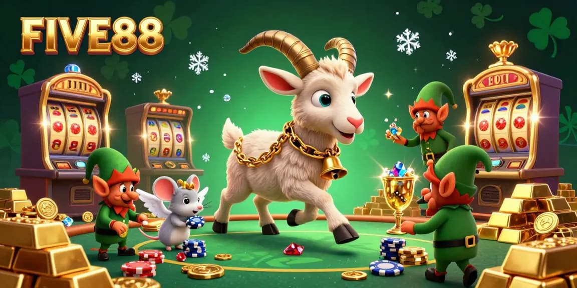 Watch the Krampus goat run the FIVE88 casino with elf gremlins stealing chips in this dynamic holiday scene.