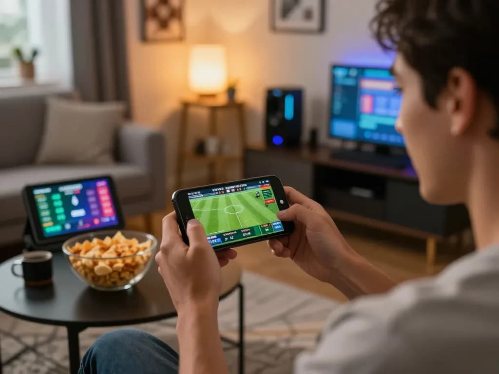 Excited user placing bets on open88 sports betting app during live game, showcasing modern gaming setup and engaging atmosphere.