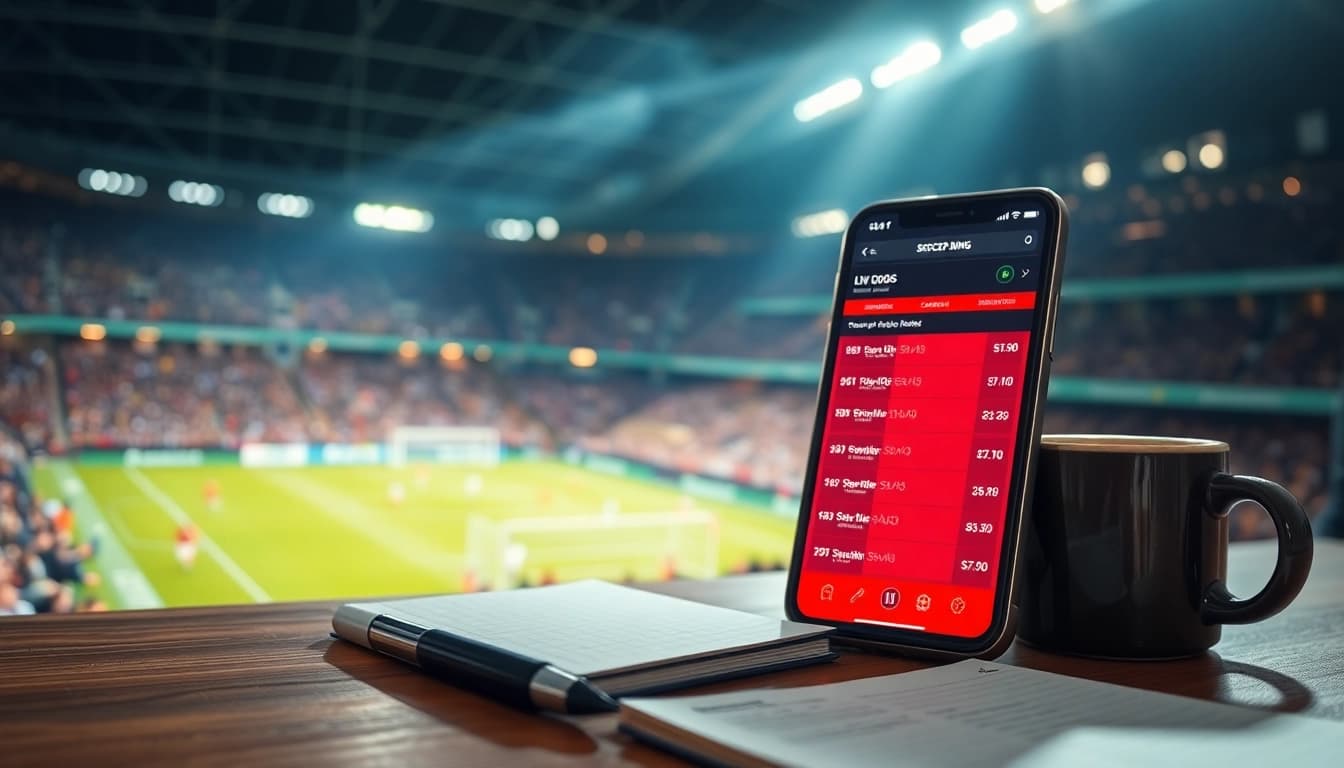 kèo nhà cái live betting odds displayed on a smartphone in an exciting soccer match atmosphere