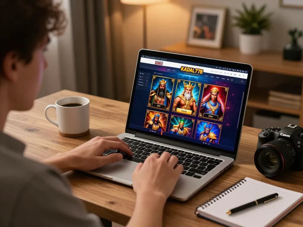 KADAL778 online casino gameplay with player analyzing winning strategy in a cozy home setting.