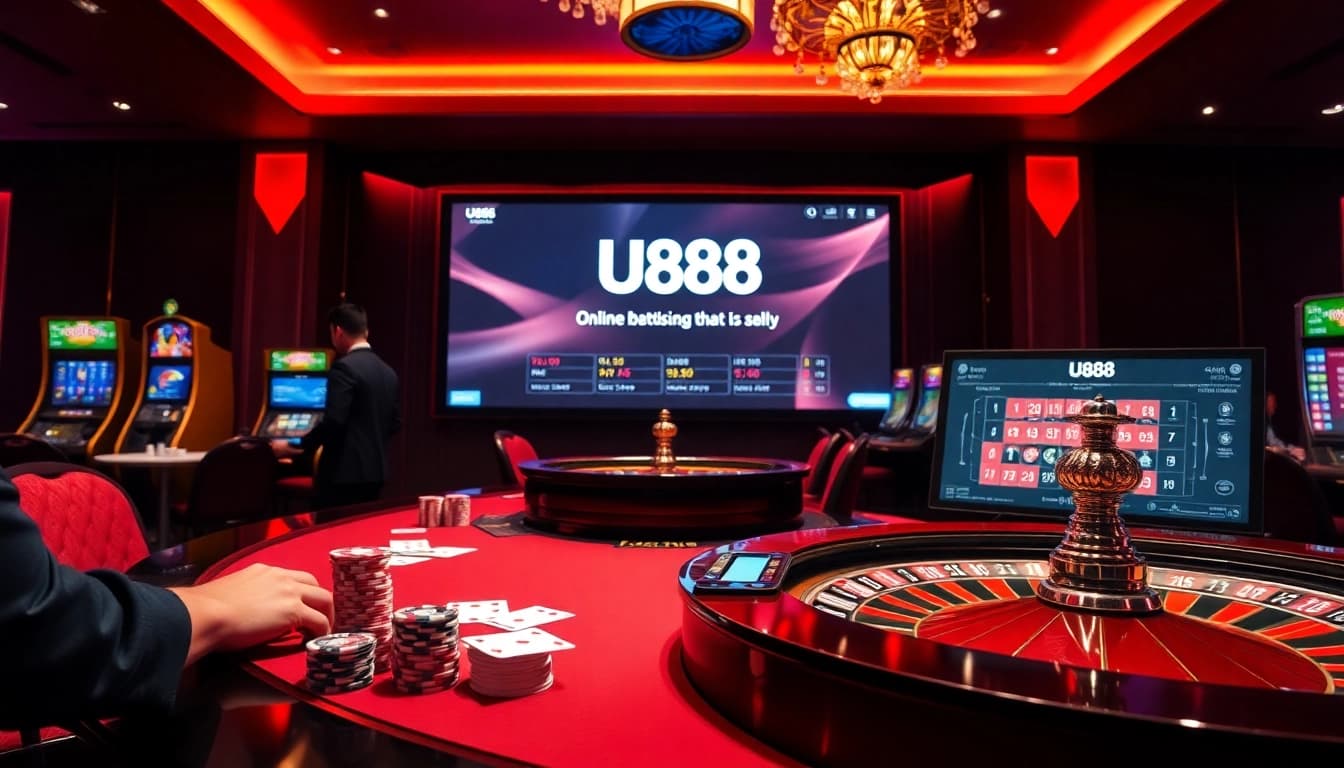 Engaging gaming experience at U888 casino with poker chips and roulette table.