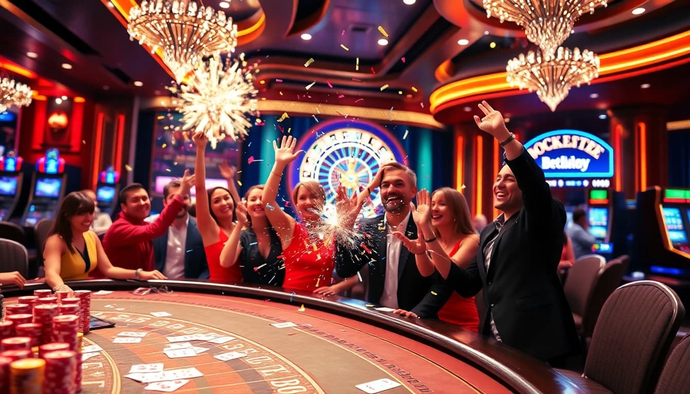 Celebrating the explosion of a prize-winning lottery amid a vibrant casino atmosphere.