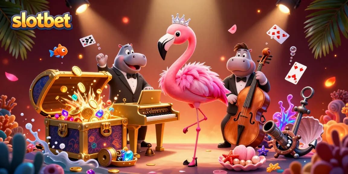 Engage with slotbet's vibrant online gaming scene featuring lively casino characters and sparkling treasures.