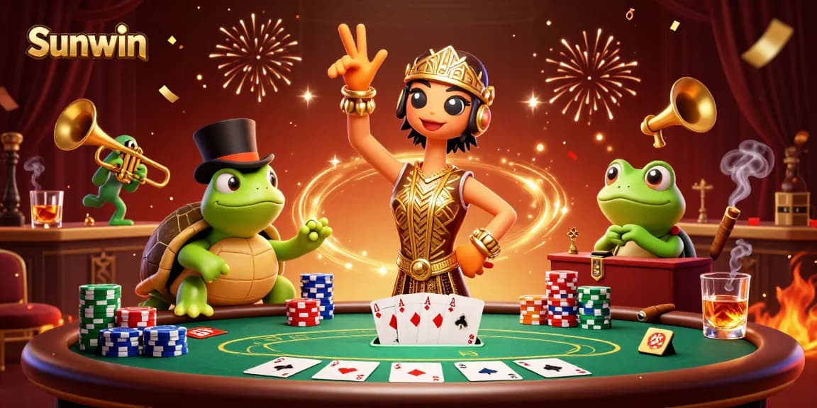 Experience thrilling gameplay at Sunwin with vibrant 3D characters amidst a lively casino scene.