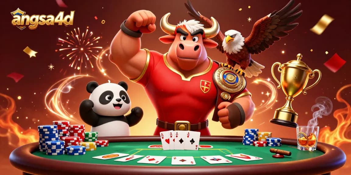 Win big with angsa4d as the bull mascot celebrates alongside characters at a vibrant casino.