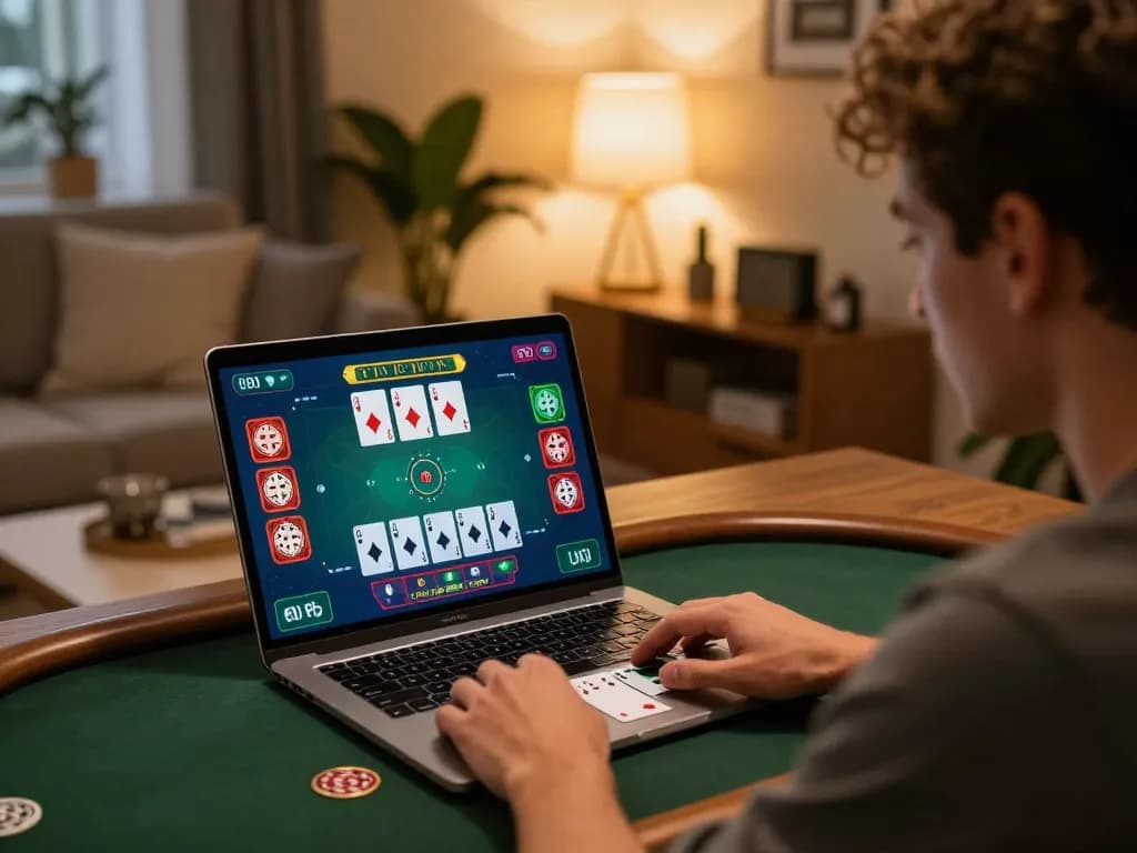 Engaging scene where player creates a caricature using their laptop focused on an online blackjack game