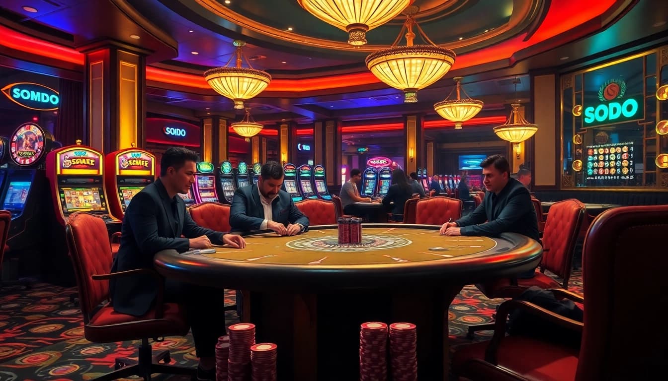 SODO showcases exciting poker action at a luxurious casino table filled with vibrant chips and cards.