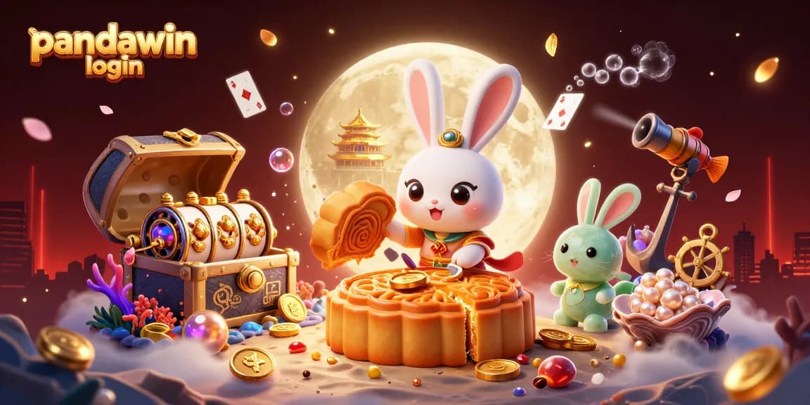 Pandawin login reveals a thrilling gaming scene with moon rabbit, mooncakes, and casino elements.