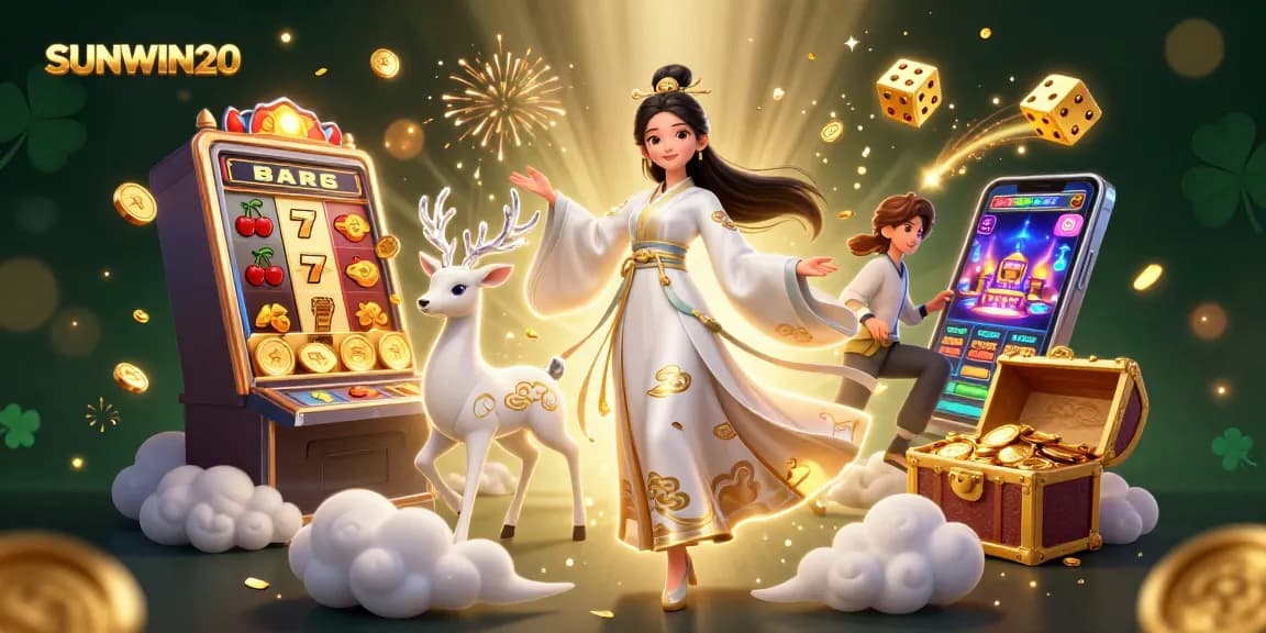 Play and win big with SUNWIN20 in a vibrant casino scene filled with slots and jackpots.
