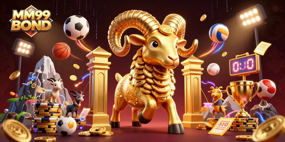 Win big with MM99 BOND as a golden ram charges through a vibrant casino scene.