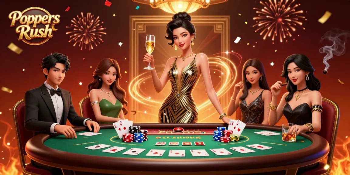 Poppers Rush captivates with vibrant casino energy, showcasing an elegant dealer and dynamic poker play.