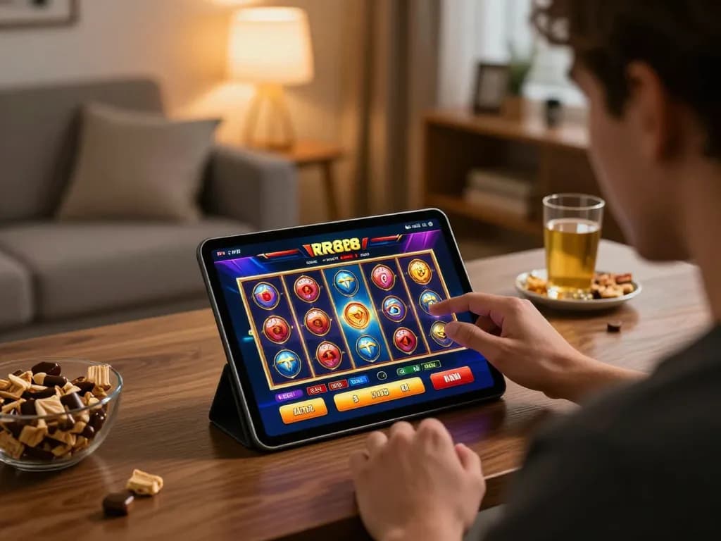 Player engaging with the RR88 app on a tablet in a cozy home setting, showcasing the excitement of online gambling.