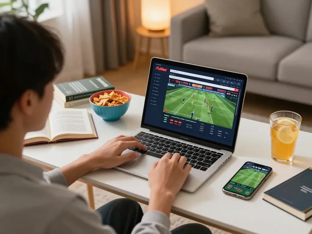 Xoilac sports betting session at home with user engaging in online gaming.