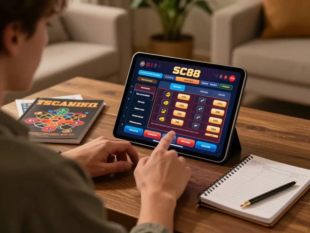 Player engaged in SC88 online casino gameplay with strategy notes visible, showcasing responsible gambling.
