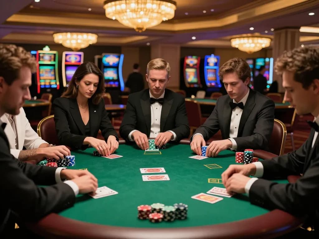 F168 poker game in upscale casino with players analyzing cards and vibrant chips.