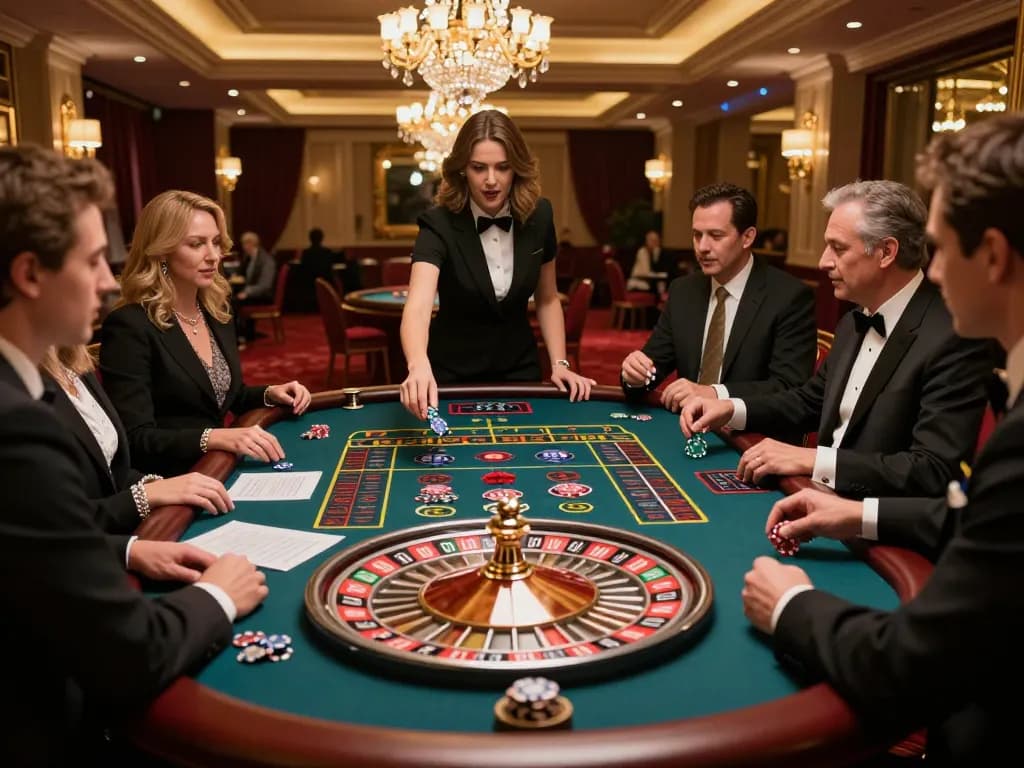 Players placing bets at an exciting roulette table, captivated by the game at mb66 casino.