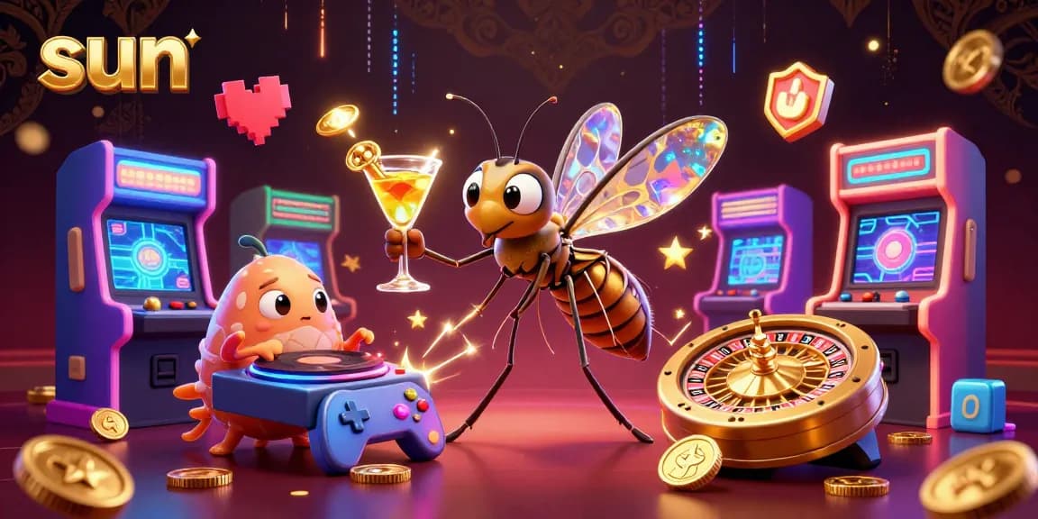 Engage in thrilling casino action as a sun mascot comes to life amidst vibrant gaming elements.
