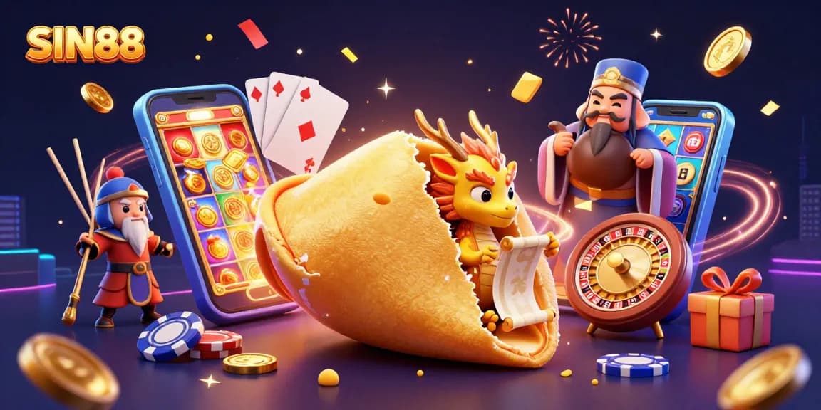 SIN88 inspires excitement with a dynamic 3D casino scene featuring a fortune cookie and gaming elements.