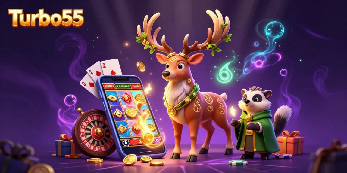 Spin vibrant slots and win with Turbo55 in a magical 3D casino illustration packed with excitement.