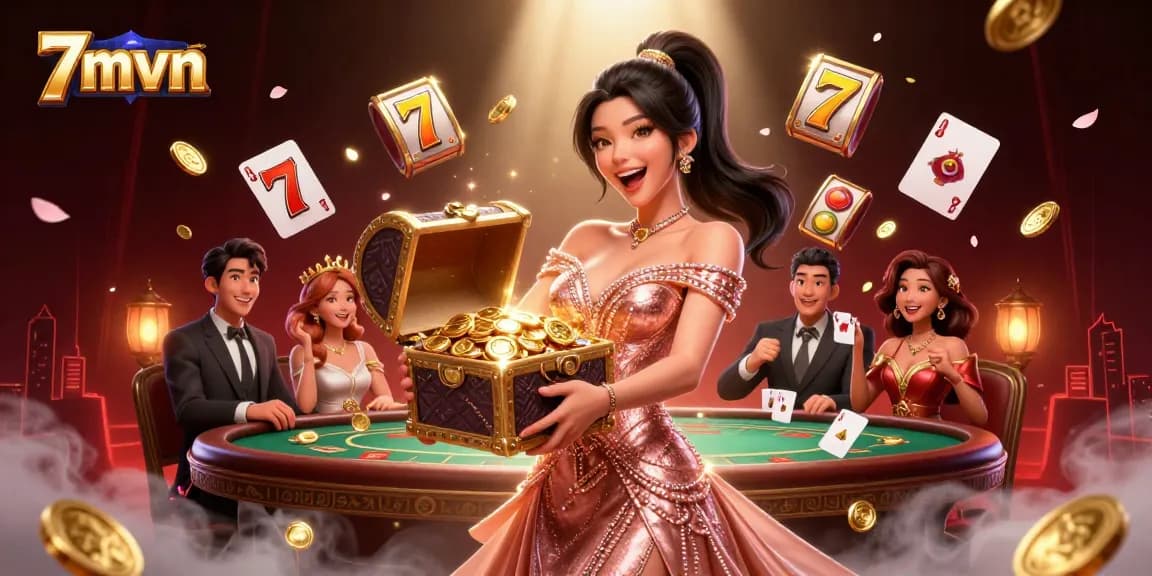 Bet on winning strategies with 7mvn as a stunning Asian woman reveals treasure chest filled with gold and jewels.