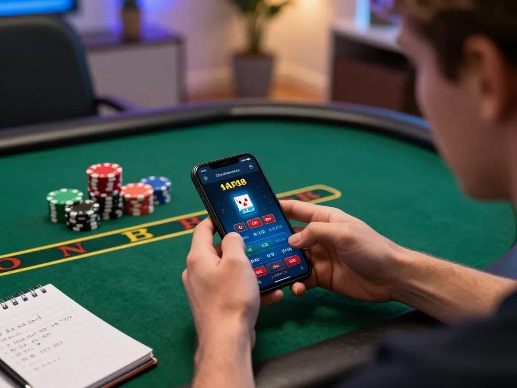 Player using cm88 mobile app for dynamic online poker game, showcasing strategy and engagement in a cozy home environment.