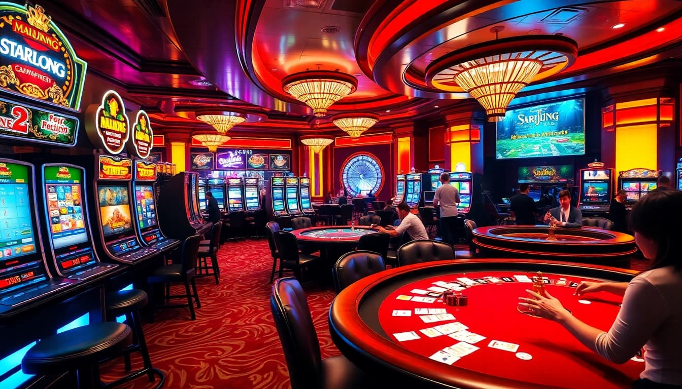 Situs Slot showcasing thrilling gaming options like Mahjong and Starlight Princess in a vibrant casino atmosphere.