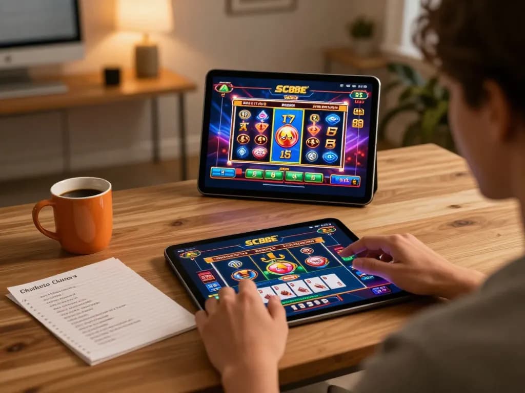 Player engaging with SC88E casino app on tablet while enjoying a cozy home setup.