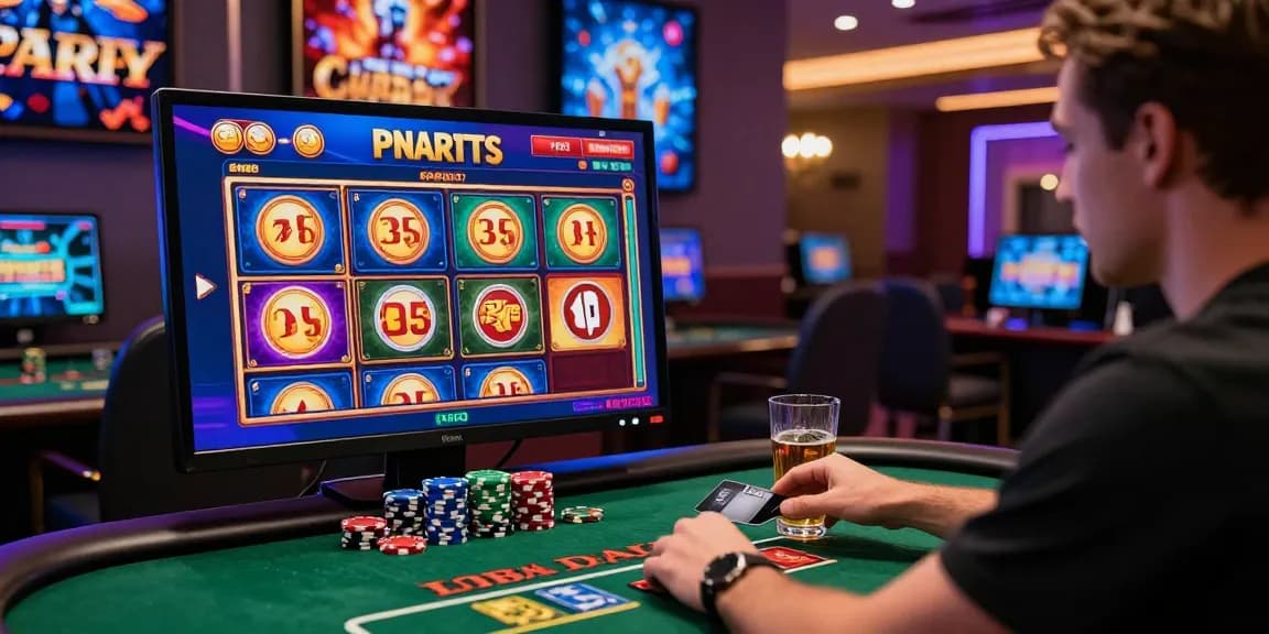 Engaged player at the computer exploring credit card casinos with vibrant slot games and poker chips.
