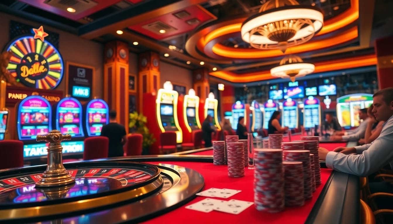 Experience the thrilling ambiance of MK8's luxurious casino with poker tables and vibrant slot machines.