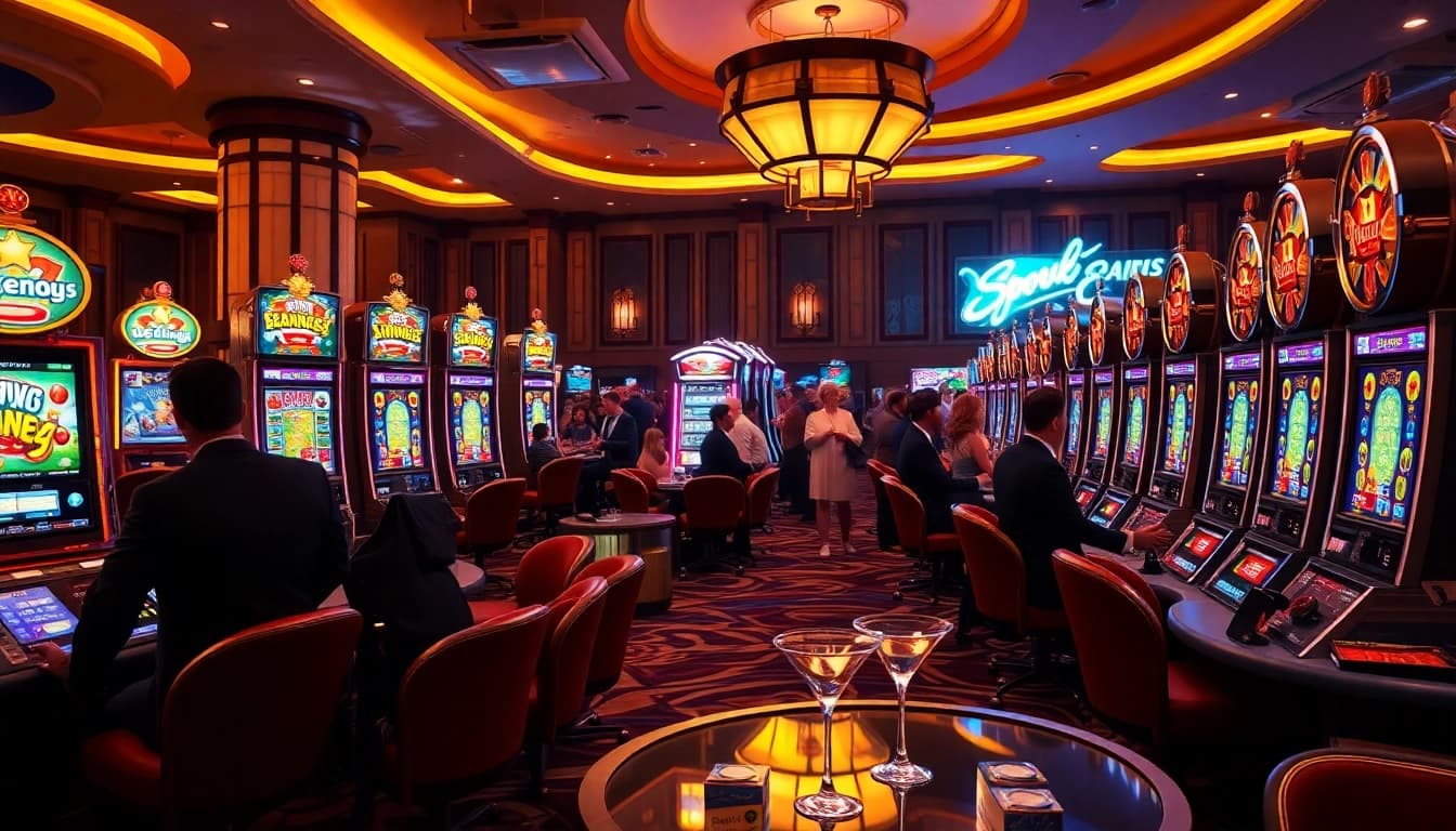 Winning players celebrating their success at a vibrant slot machine in a casino.