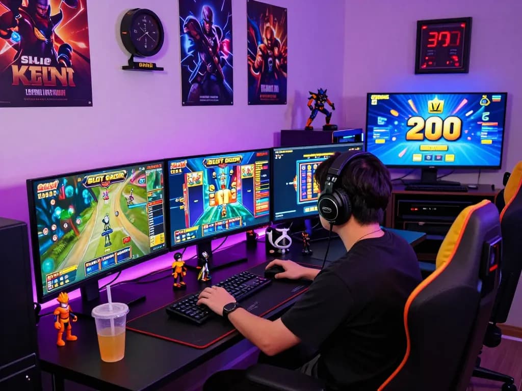 Exciting SLOT GACOR gaming scene with player at desk, multiple monitors, and vibrant atmosphere.
