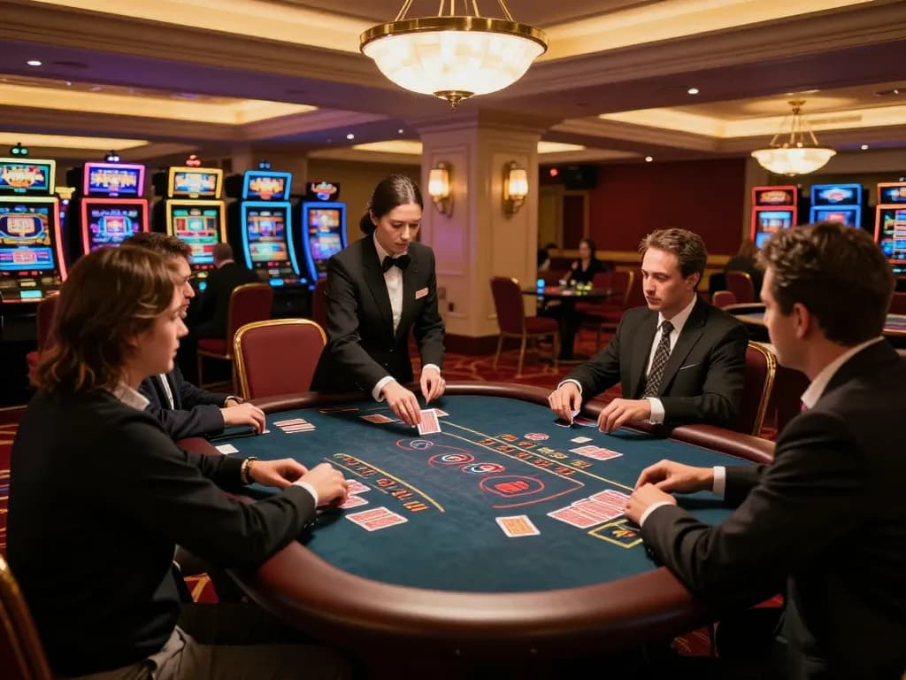 Iwin players enjoying an exciting blackjack game at a sophisticated casino table with professional dealer