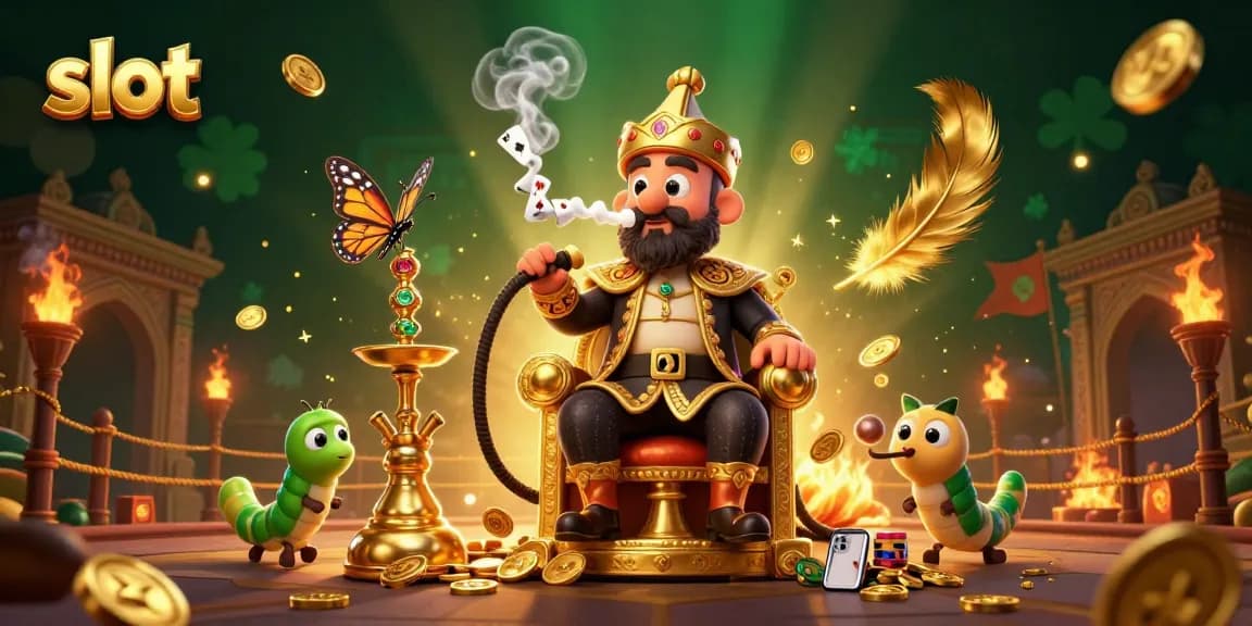 Spin slot symbols amidst a stunning 3D illustration of a caterpillar master in a casino setting.
