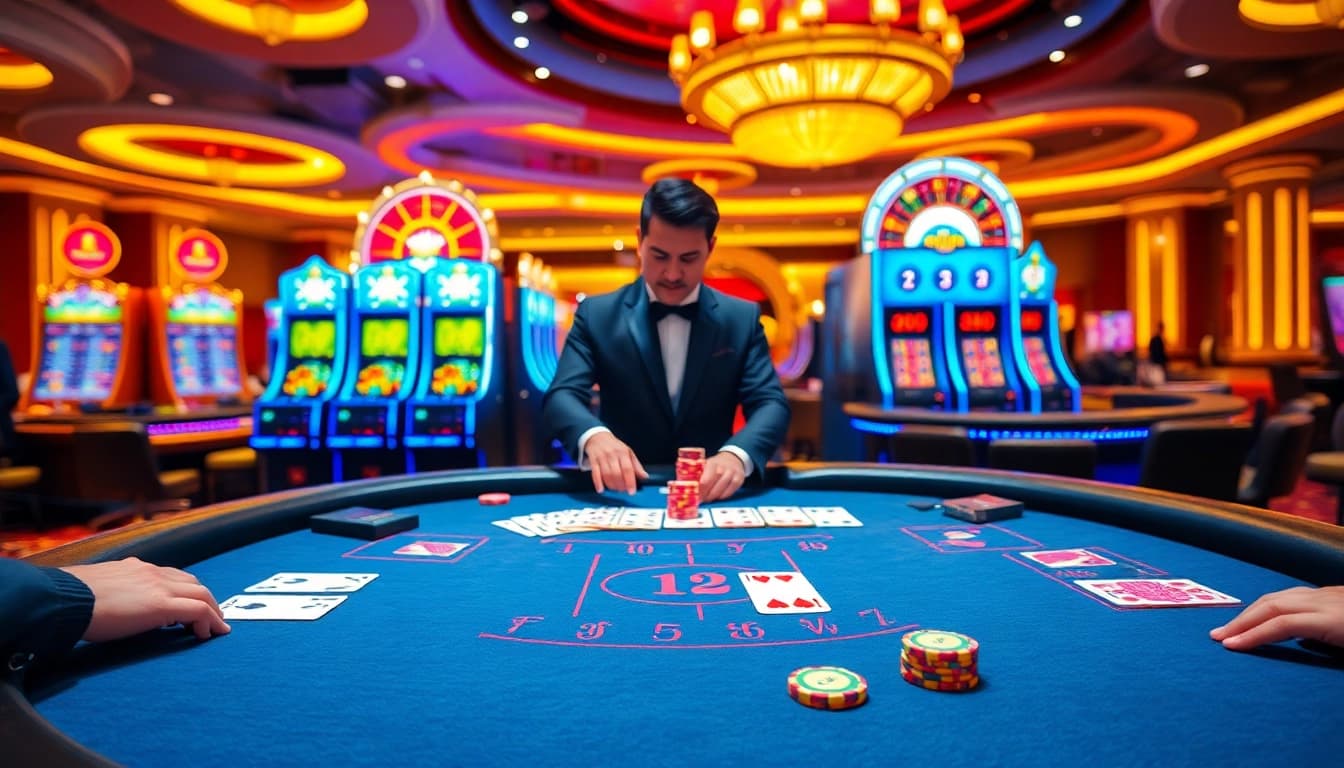 A casino setting with players enjoying Blackjack at 98win, showcasing vibrant cards and poker chips.