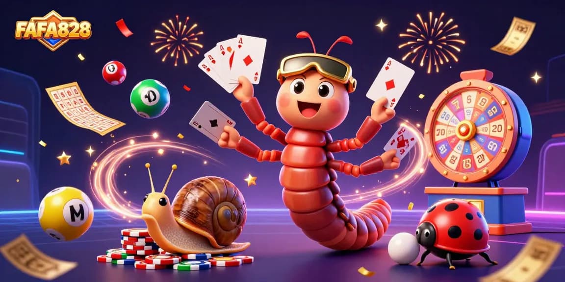 FAFA828 showcases vibrant lottery elements with a cartoon millipede dealer and festive characters.