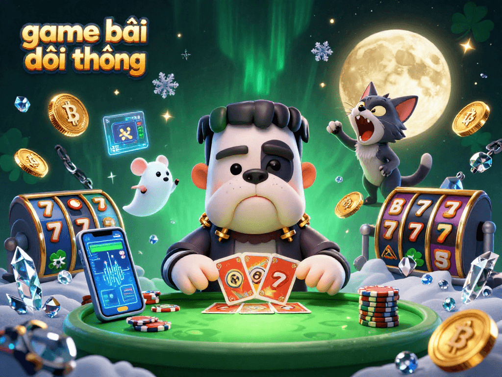 Engage in game bài đổi thưởng with a dynamic casino scene featuring themed characters and vibrant crypto elements.