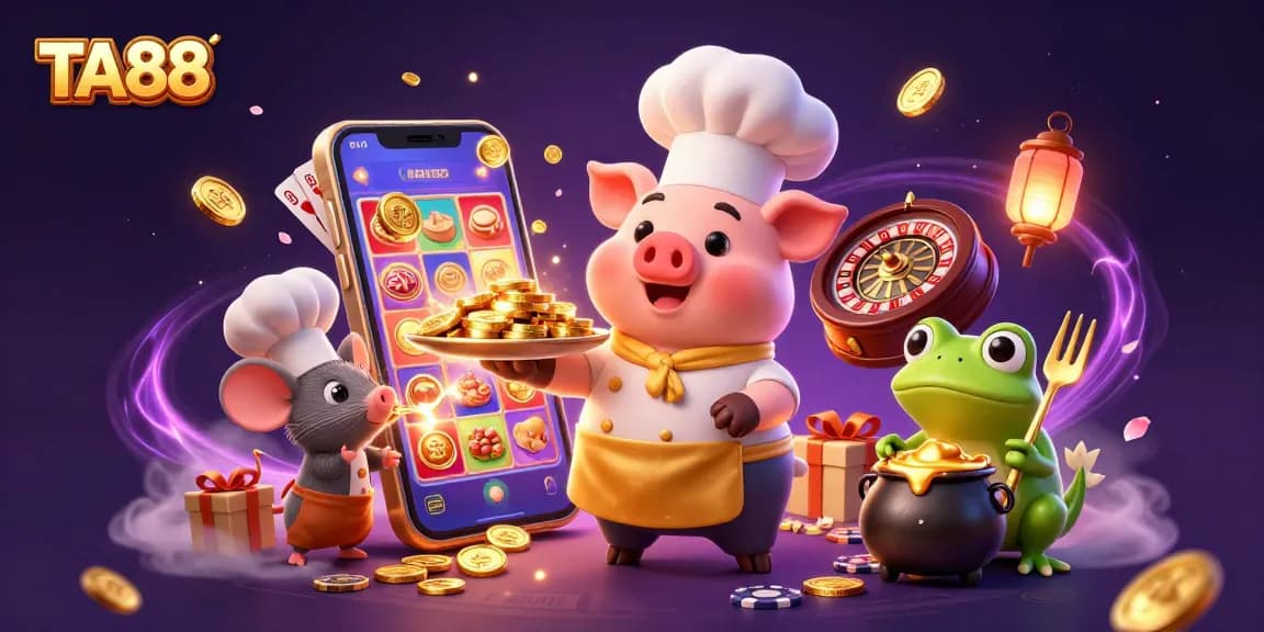 Enjoy thrilling gameplay at TA88 with a lively chef pig serving gold coins and casino games.